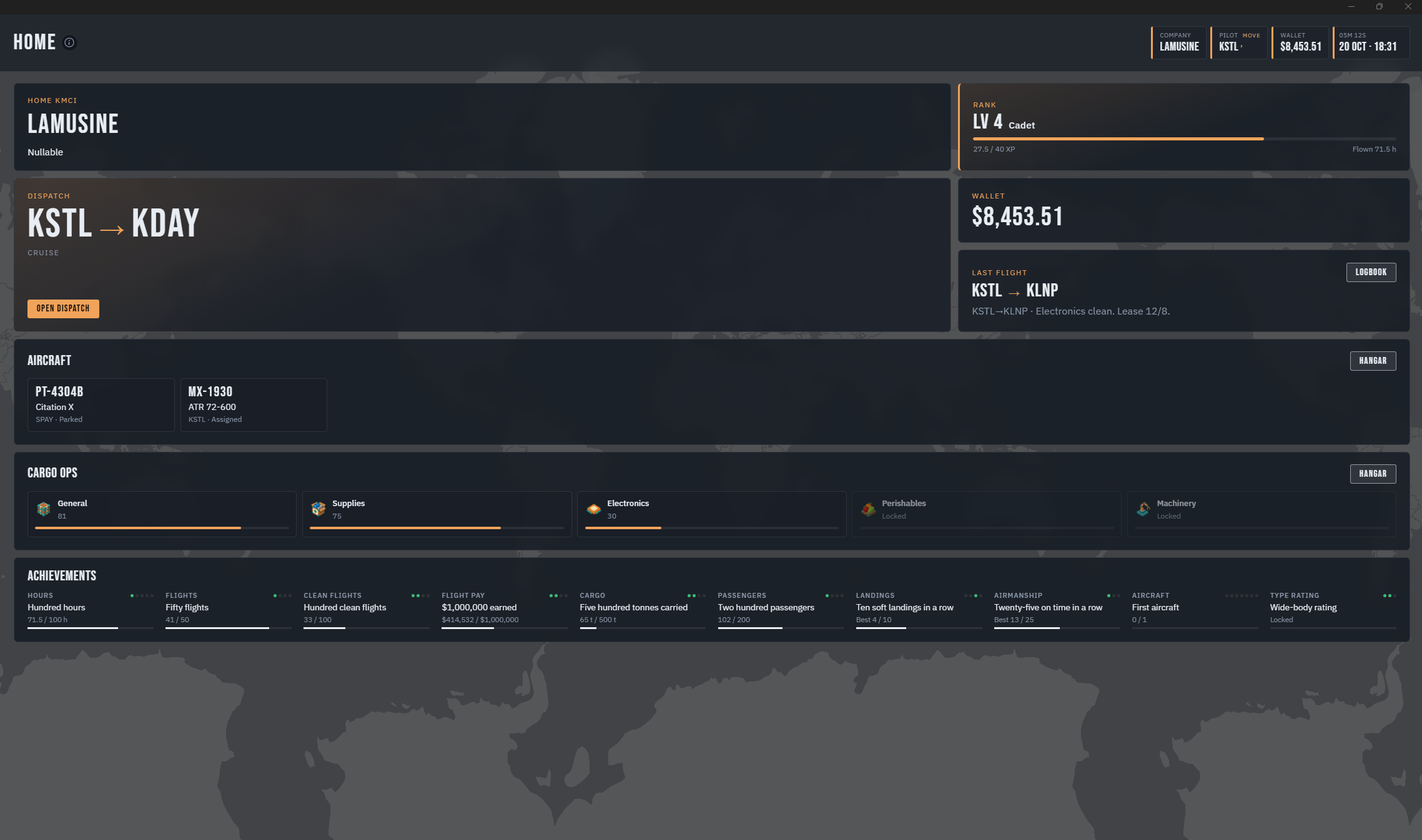 Home dashboard with dispatch, fleet, and cargo ops
